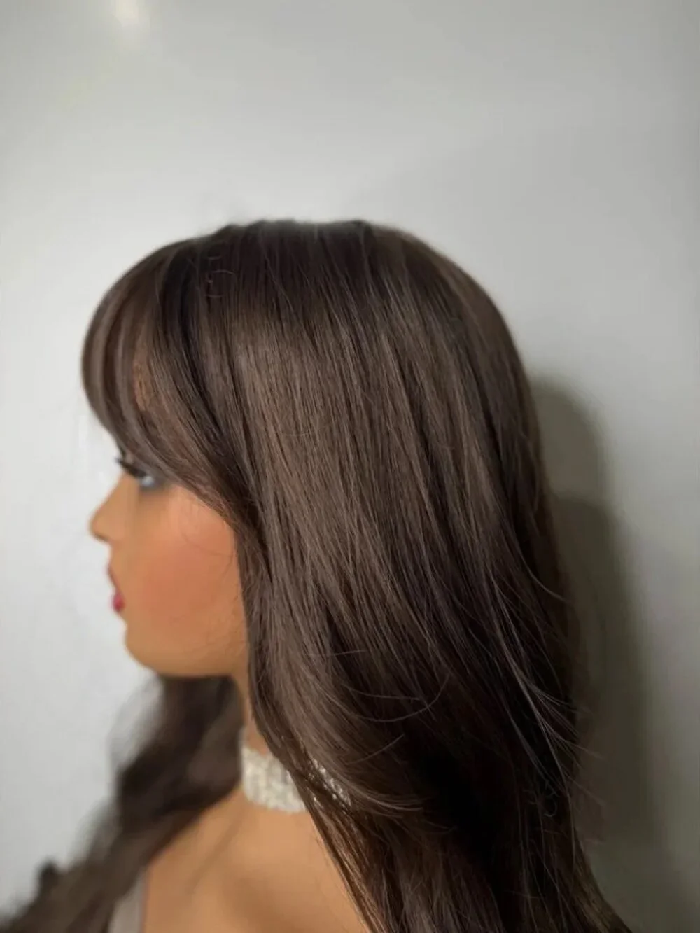 Long Mocha Brown Synthetic Wig w/ Bangs – 26” Wavy Hair – Natural Look